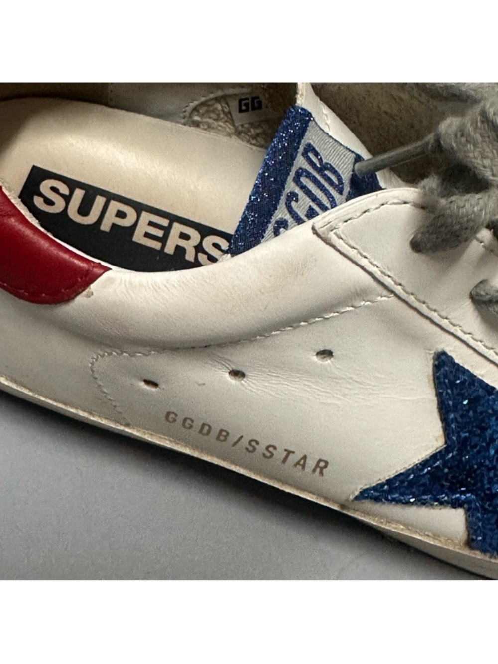 Golden Goose Style White Leather Sneakers with Blue Glitter Star & Red Heel - Picture 4 of 11